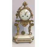 A 19TH CENTURY GILT BRONZE AND WHITE MARBLE DRUM CLOCK Held aloft by two putti. (38cm x 21cm x 9cm)