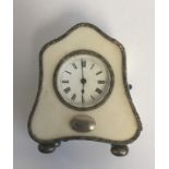 AN EARLY 20TH CENTURY FRENCH IVORY AND SILVER BANDED CLOCK. (9cm x 8cm x 4.5cm)