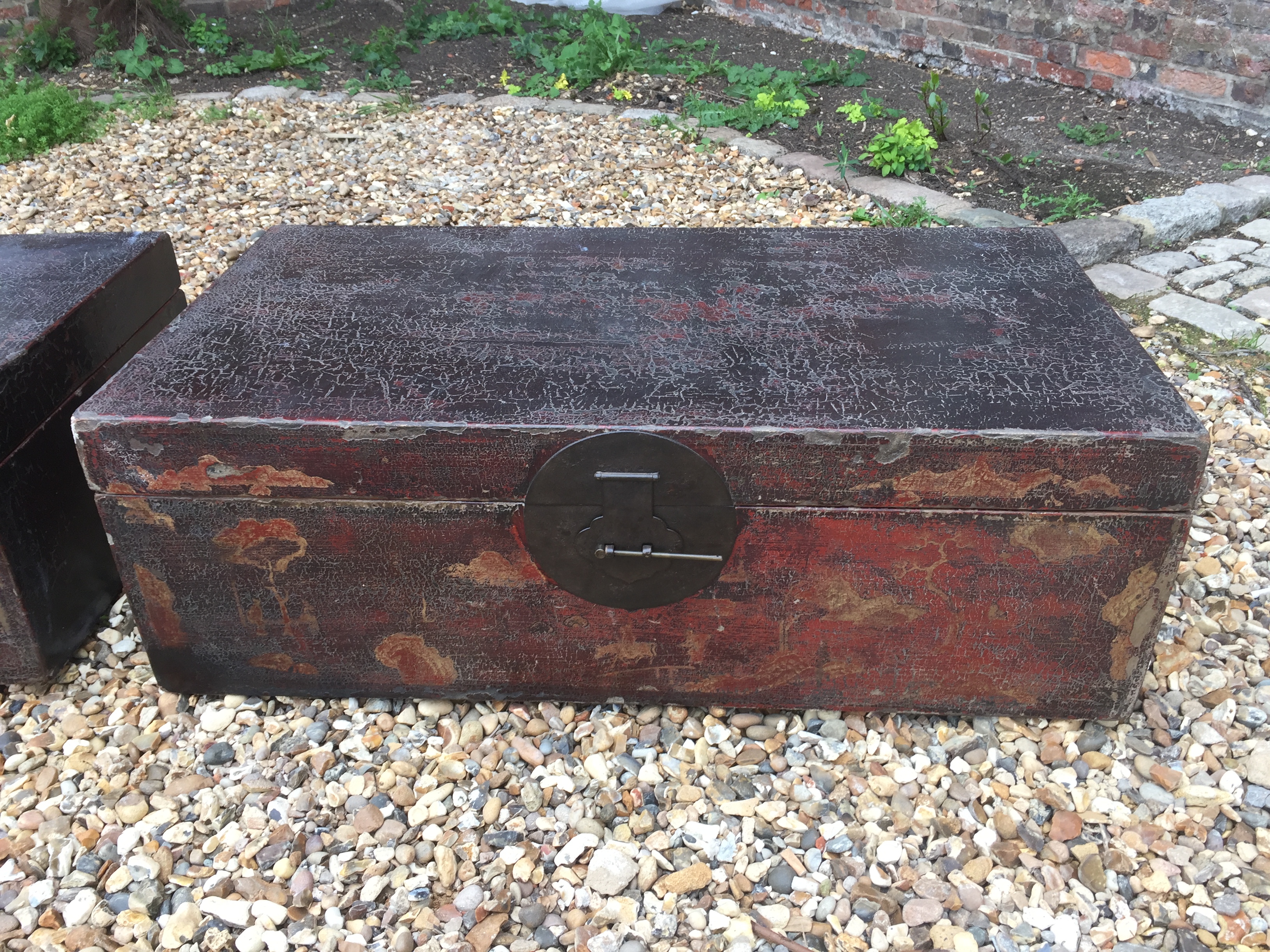 A PAIR OF 19TH/20TH CENTURY CHINESE TRAVELLING TRUNKS In distressed lacquered finish, with brass - Image 2 of 3