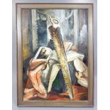 JOHN MONKS, B. 1954, OIL ON CANVAS Titled 'The Saw', framed. (109cm x 145cm including frame)