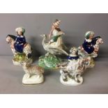 STAFFORDSHIRE, FIVE VARIOUS POTTERY ITEMS Including a two children on spotted ponies, a child on a