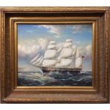 A 20TH CENTURY OIL ON CANVAS Seascape, a large galleon ship on a rough sea with white cliffs on