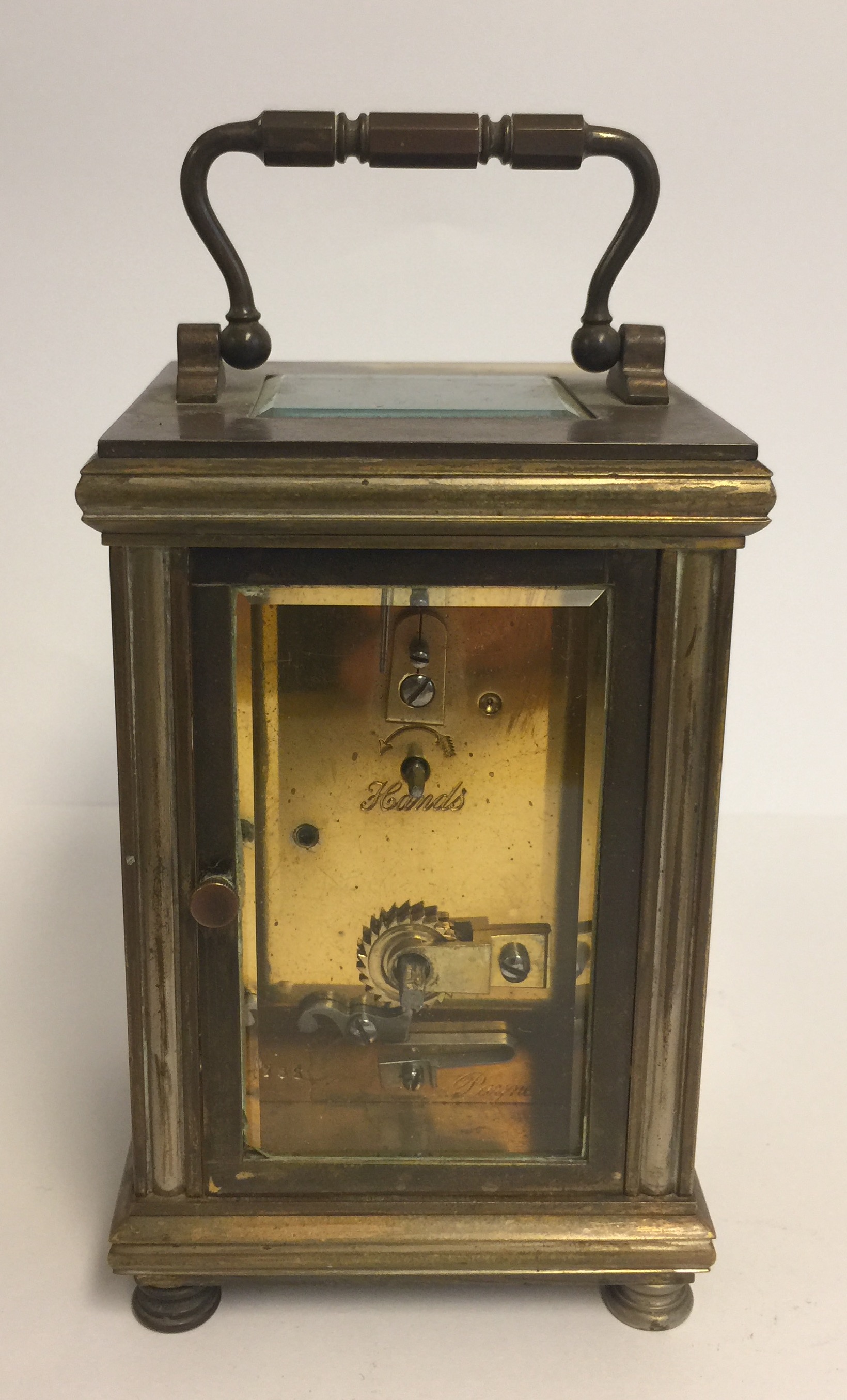 A LATE 19TH/20TH CENTURY BRASS CASED CARRIAGE CLOCK. (12cm x 7cm x 7.5cm) - Image 3 of 5