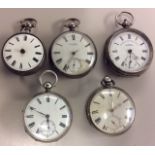 A COLLECTION OF FIVE 19TH CENTURY SILVER GENTLEMEN'S POCKET WATCHES Including a fusée watch by