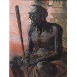 MEDJE MANBIA, A 20TH CENTURY OIL ON PANEL Portrait of a tribal elder, framed. (73cm x 93cm)