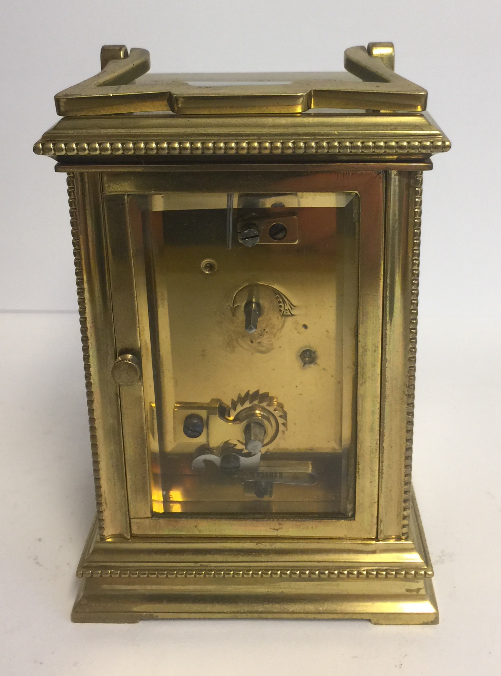 A 19TH CENTURY BRASS & SILVERED CASED CARRIAGE CLOCK. (12cm x 8cm x 7cm) - Image 2 of 3