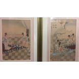 A JAPANESE COURT SCENES To include a pair of paintings on silk, framed and glazed. (58cm x 72cm)
