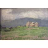 DAVID FOGGIE, OIL ON BOARD Haystacks under a brooding sky, signed with initials and printed, Circa