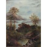 A VICTORIAN OIL ON CANVAS Landscape lakeland view, figures by a stream, indistinctly signed lower