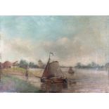 A 19TH CENTURY OIL ON BOARD Riverscape, a sailboat moored at a riverbank, signed and dated 'Van