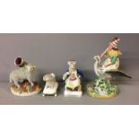 STAFFORDSHIRE, FOUR VARIOUS FIGURES To include a poodle, Sultan, sheep and mother goose. (h 18cm)