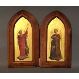 A PAIR OF 19TH CENTURY VENETIAN OILS ON PANEL Celestial angels in Gothic pointed arched frames. (