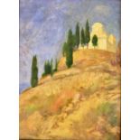 A 20TH CENTURY ITALIAN SCHOOL OIL ON CARD Church on a terraced hillside with cypress trees,