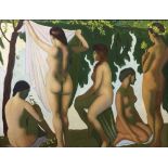 MILYA GATAULLINA, RUSSIAN, B. 1971, OIL ON CANVAS Nude females in a woodland setting, framed. (100cm