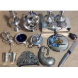 A PAIR OF 20TH CENTURY SILVER DRAWF CANDLESTICKS Together with a collection of silver plated ware,