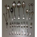 A SELECTION OF GEORGIAN SILVER AND SILVER PLATE FLATWARE Comprising nine forks, three tablespoons,