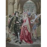 AN EARLY 19TH CENTURY NEEDLEPOINT PICTURE A 17th Century couple at a masque ball, heavy gilt framed.