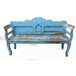 A 19TH CENTURY SWEDISH SCROLL END BENCH With a distressed duck egg blue finish, a shaped panelled