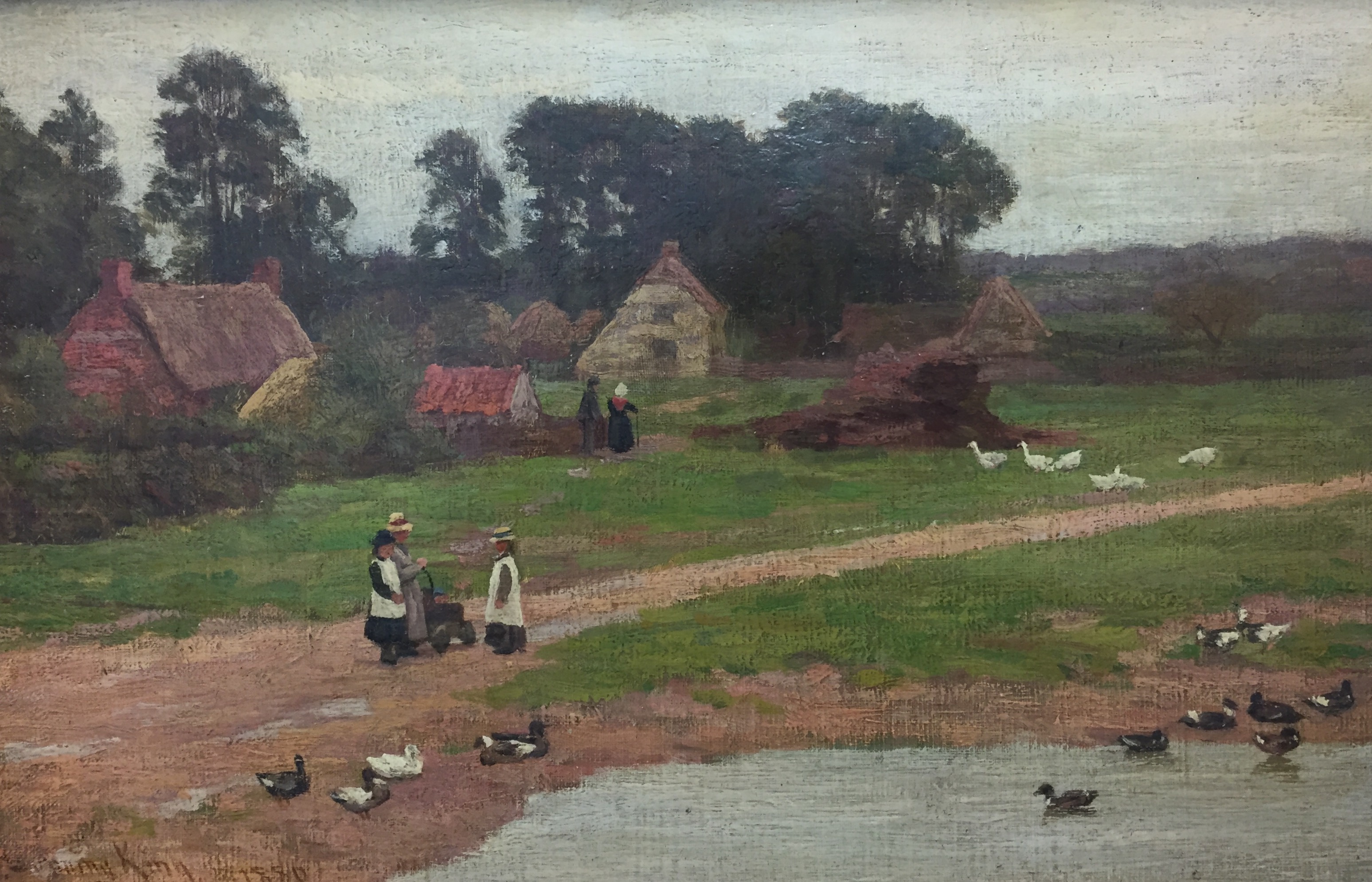 WILLIAM GUNNING KING, ENGLISH, 1859 - 1940, OIL ON CANVAS 'Sussex Cottages by the Duck Pond', signed