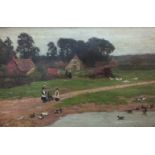WILLIAM GUNNING KING, ENGLISH, 1859 - 1940, OIL ON CANVAS 'Sussex Cottages by the Duck Pond', signed
