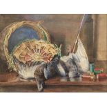 I. WRIGHT, WATERCOLOUR Still life, a basket work creel, shotgun cartridges and a brace of wood