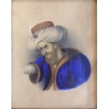 A 19TH CENTURY WATERCOLOUR Portrait of a bearded gentleman in Turkish headdress and fur lined blue