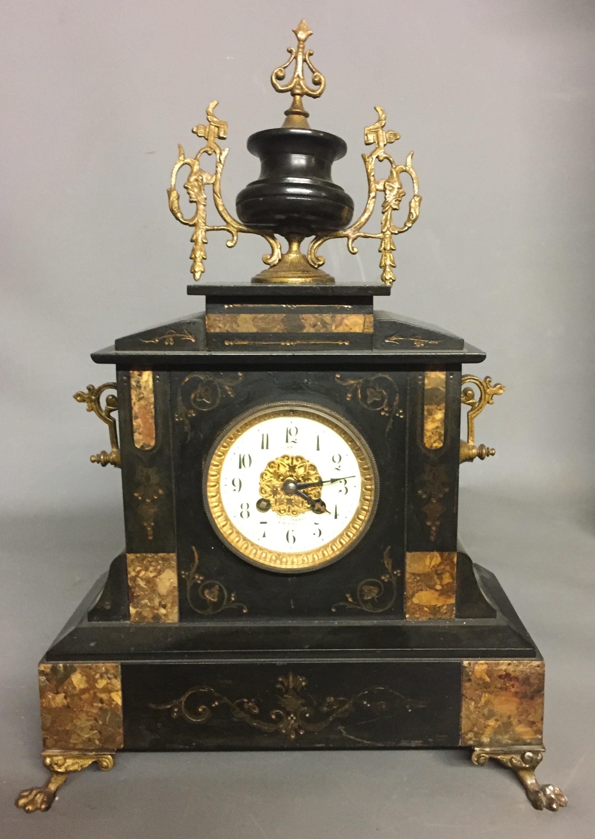 LEVI FRERES, A LATE 19TH CENTURY THREE PIECE BLACK MARBLE CLOCK GARNITURE WITH CANDELABRA. - Image 3 of 4