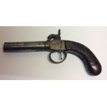 AN ENGRAVED FLINTLOCK POCKET PISTOL. Condition: re-lacquered grip and surface rust