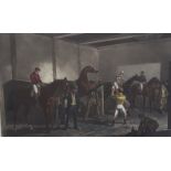 THOROUGHBREDS, A LARGE COLOURED ENGRAVING 19th Century race horses leaving stable, gilt framed and