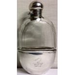 AN ENGLISH HALLMARKED SILVER AND FACETED GLASS HIP FLASK. (14cm)