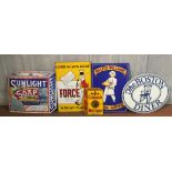 FIVE ENAMELLED ADVERTISING SIGNS To include 'Sunlight Soap', 'Force Wheat Flakes', 'Colman's