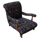 A VICTORIAN MAHOGANY FRAMED OPEN ARMCHAIR Upholstered in blue fabric.
