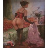 OIL ON BOARD Portrait of a provocative semiclad female in her boudoir. (21cm x 18.5cm)