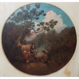 CIRCLE OF GEORGE MOORLAND, 1763 - 1804, A CIRCULAR OIL ON CANVAS Peasants seated around a forest