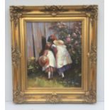 AN OIL ON CANVAS PAINTING OF TWO EDWARDIAN CHILDREN The young girls looking through a gap in a