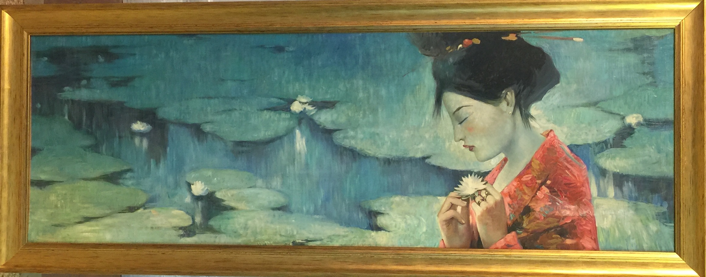 A MID 20TH CENTURY OIL ON CANVAS Geisha by a lily pond, gilt framed. (131cm x 51cm)