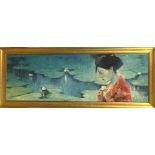 A MID 20TH CENTURY OIL ON CANVAS Geisha by a lily pond, gilt framed. (131cm x 51cm)