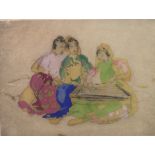 ELYSE ASHE LORD, BRITISH, 1900 - 1971, A HAND COLOURED DRYPOINT ETCHING Seated ladies' with