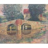 A MODERN BRITISH SCHOOL OIL ON CANVAS 'Bridge over a stream by a mill', Circa 1930 and framed. (63cm