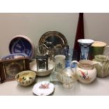 A MIXED LOT OF VARIOUS 20TH CENTURY CERAMICS along with a brass case clock.
