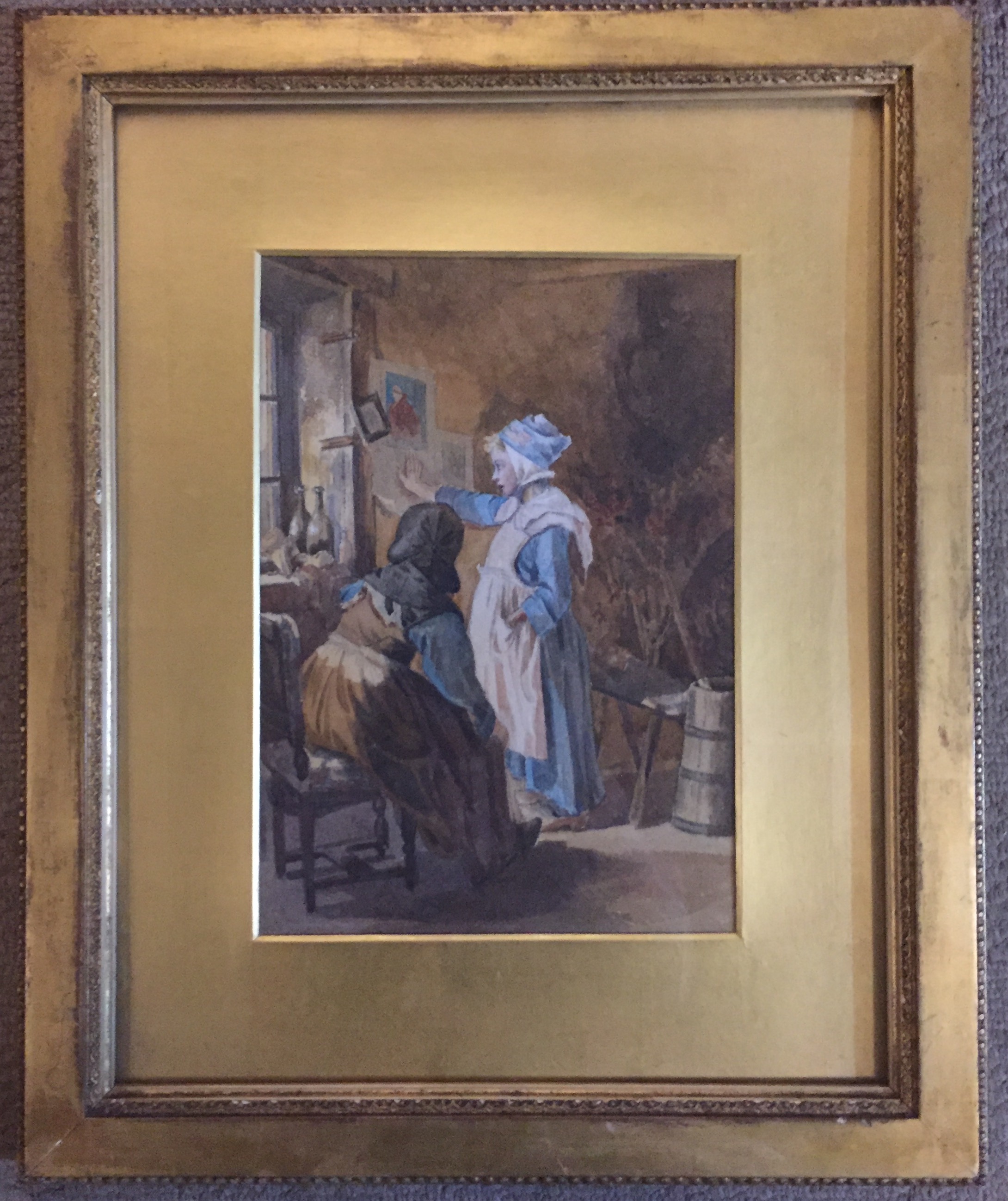 A 19TH CENTURY WATERCOLOUR Interior scene, two young girls gazing through a window, framed and - Image 2 of 2