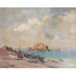 P. JOHNSON, A MID 20TH CENTURY OIL ON CANVAS Beached fishing boats at Tossa, dated 1957, signed