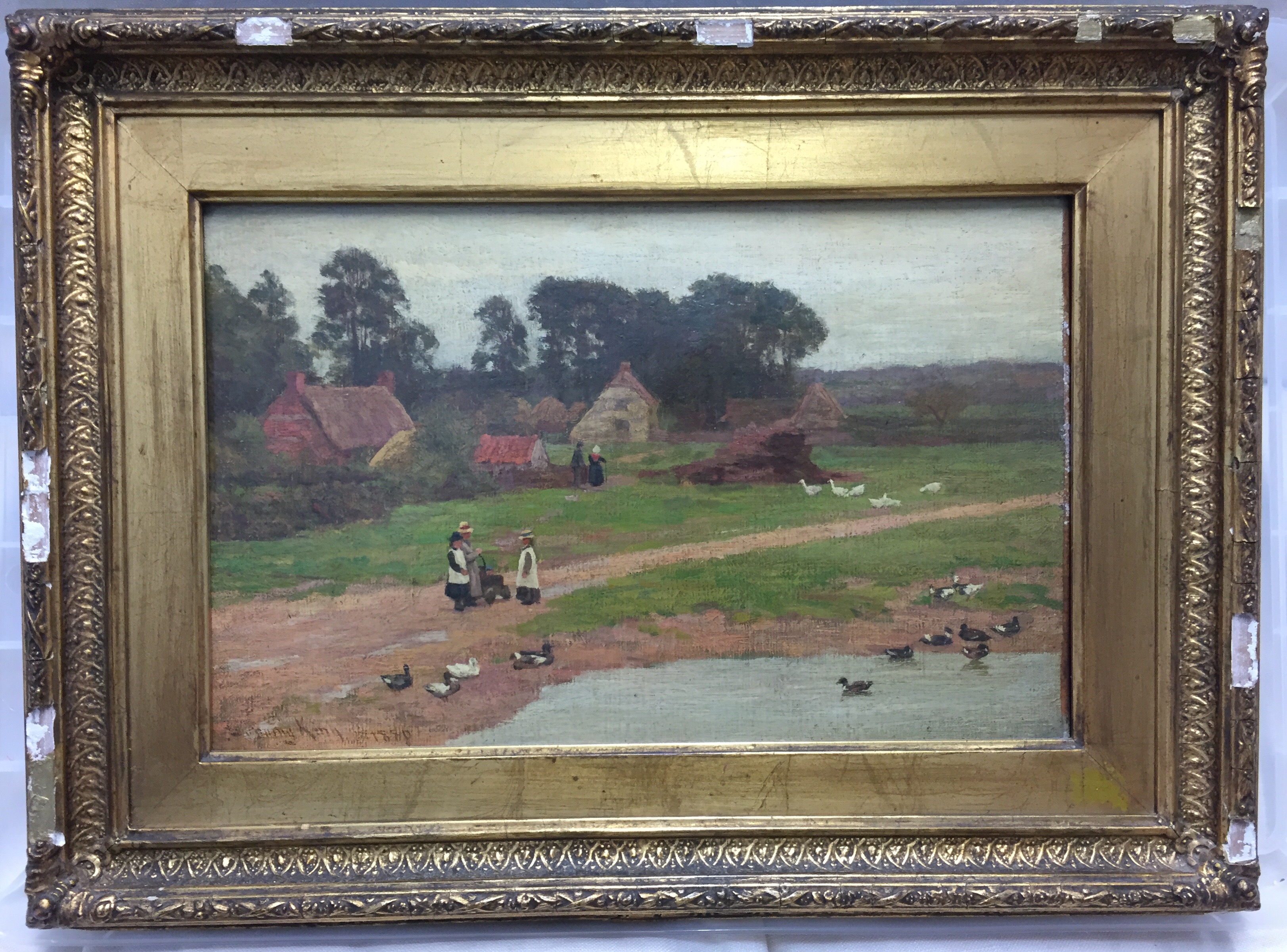 WILLIAM GUNNING KING, ENGLISH, 1859 - 1940, OIL ON CANVAS 'Sussex Cottages by the Duck Pond', signed - Image 2 of 2