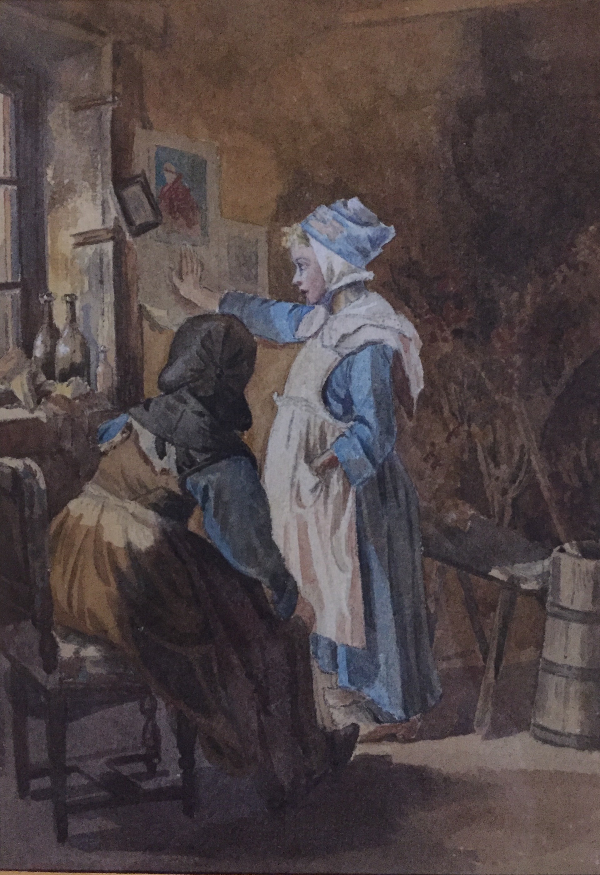 A 19TH CENTURY WATERCOLOUR Interior scene, two young girls gazing through a window, framed and