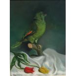 A. BRUSSEEL, 1945, OIL ON CANVAS Still life, a green parrot with flowers on silk cloth, in a