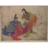 ELYSE ASHE LORD, BRITISH, 1900 - 1971, A HAND COLOURED DRYPOINT ETCHING Oriental silk traders,