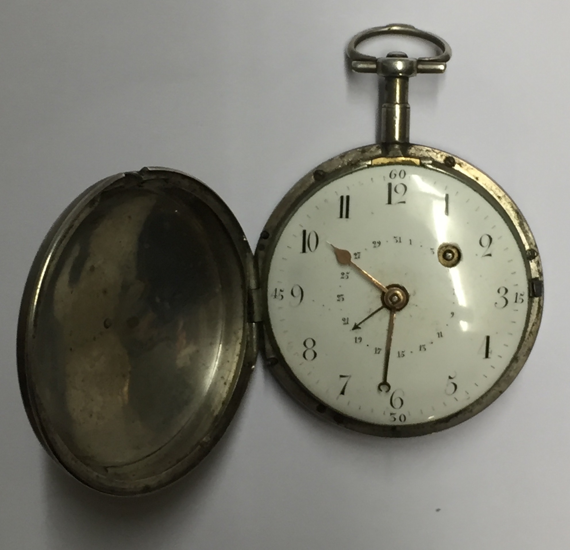 A 19TH CENTURY WHITE METAL FULL HUNTER POCKET WATCH The dial with Arabic numbers, subsidiary chapter