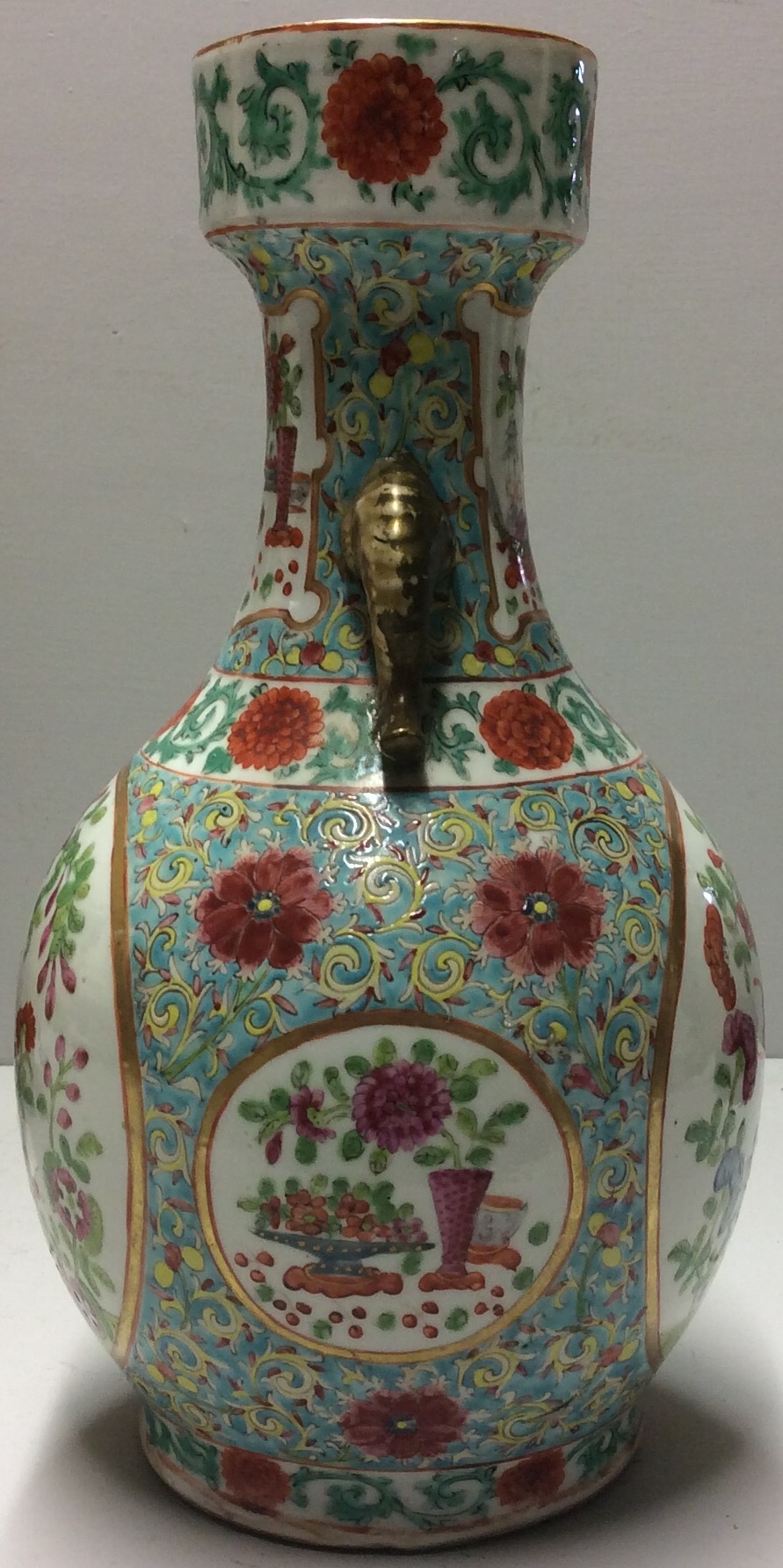 A 19TH CENTURY CHINESE PORCELAIN TURQUOISE GROUND VASE Having applied gilt elephant masks and two - Image 2 of 3