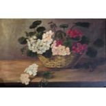 AN EARLY 20TH CENTURY ENGLISH SCHOOL OIL ON CANVAS Still life, a basket of flowers, dated 1904,