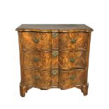A 18TH/19TH CENTURY FIGURED WALNUT SERPENTINE CHEST OF SMALL PROPORTIONS Of three long drawers